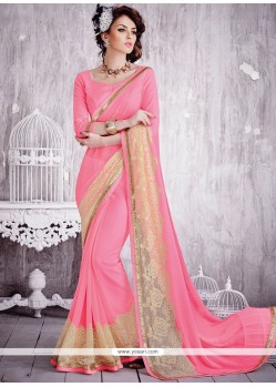 Exquisite Faux Georgette Pink Patch Border Work Classic Saree