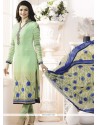 Prachi Desai Faux Crepe Sea Green Print Work Churidar Designer Suit