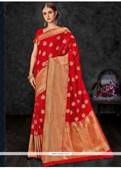 Sparkling Banarasi Silk Red Weaving Work Traditional Saree