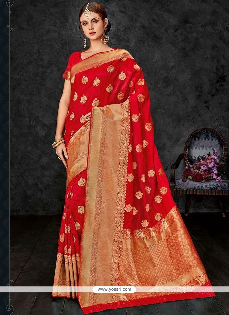 Sparkling Banarasi Silk Red Weaving Work Traditional Saree