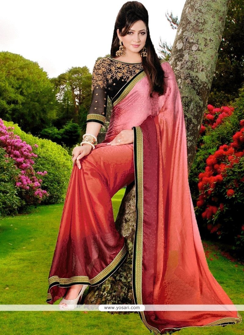 Immaculate Maroon Embroidered Work Crepe Jacquard Shaded Saree