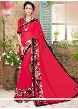 Classy Faux Georgette Red Print Work Printed Saree