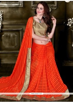 Orange Patch Border Work Lycra Designer Saree