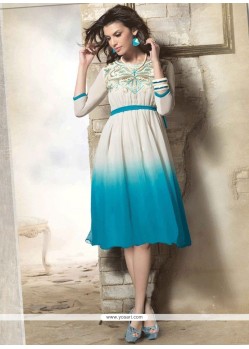 Tempting Embroidered Work Aqua Blue And White Faux Georgette Party Wear Kurti