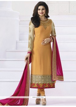 Prachi Desai Orange Faux Georgette Churidar Designer Suit
