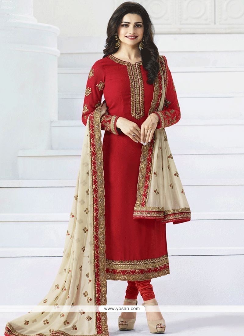 Buy Prachi Desai Lace Work Red Faux Georgette Churidar Designer Suit ...