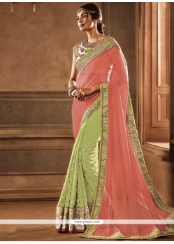 Flamboyant Green And Peach Patch Border Work Half N Half Designer Saree