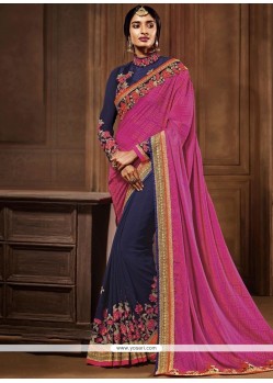 Imposing Resham Work Hot Pink And Navy Blue Half N Half Designer Saree