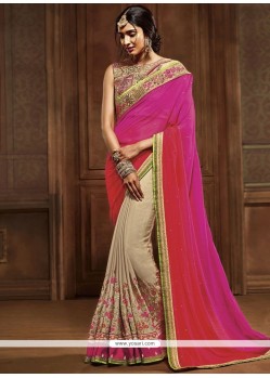 Breathtaking Faux Georgette Beige, Hot Pink And Red Designer Half N Half Saree