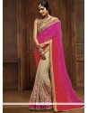 Breathtaking Faux Georgette Beige, Hot Pink And Red Designer Half N Half Saree