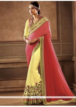 Voluptuous Patch Border Work Red And Yellow Designer Half N Half Saree