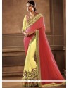 Voluptuous Patch Border Work Red And Yellow Designer Half N Half Saree