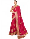 Perfect Embroidered Work Hot Pink Classic Designer Saree