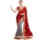 Flamboyant Grey And Red Patch Border Work Faux Georgette Half N Half Saree