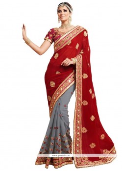 Flamboyant Grey And Red Patch Border Work Faux Georgette Half N Half Saree