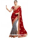 Flamboyant Grey And Red Patch Border Work Faux Georgette Half N Half Saree