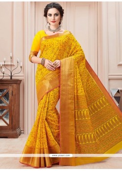 Mustard Print Work Cotton Casual Saree