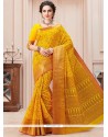 Mustard Print Work Cotton Casual Saree