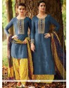 Sunshine Embroidered Work Blue And Mustard Cotton Satin Designer Suit