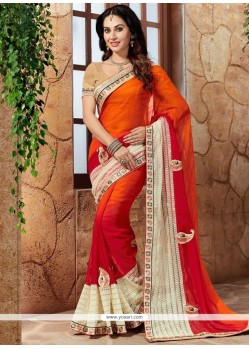 Vibrant Orange And Red Embroidered Work Faux Georgette Shaded Saree