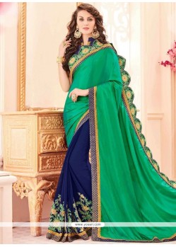 Dilettante Green And Navy Blue Half N Half Trendy Saree