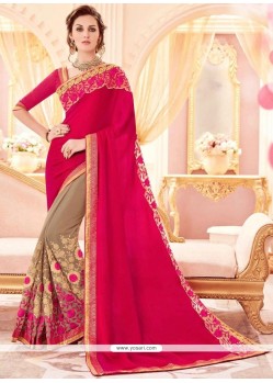 Girlish Crepe Jacquard Beige And Hot Pink Half N Half Designer Saree