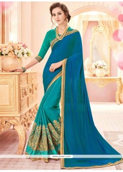 Splendid Faux Georgette Sea Green And Turquoise Half N Half Saree