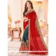 Vibrant Red And Teal Patch Border Work Faux Georgette Designer Half N Half Saree