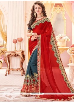 Vibrant Red And Teal Patch Border Work Faux Georgette Designer Half N Half Saree