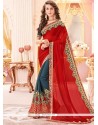 Vibrant Red And Teal Patch Border Work Faux Georgette Designer Half N Half Saree