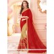 Dainty Patch Border Work Beige And Red Half N Half Designer Saree