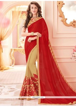 Dainty Patch Border Work Beige And Red Half N Half Designer Saree