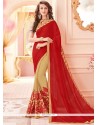 Dainty Patch Border Work Beige And Red Half N Half Designer Saree