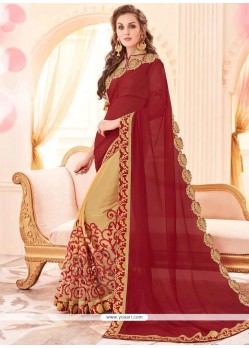 Mesmerizing Faux Georgette Beige And Maroon Half N Half Saree