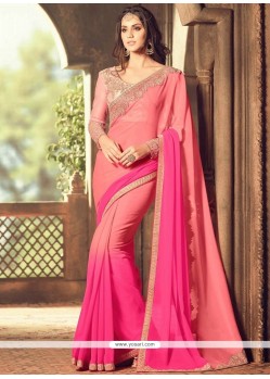 Thrilling Embroidered Work Peach And Pink Shaded Saree