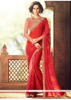 Artistic Red Embroidered Work Faux Georgette Classic Designer Saree