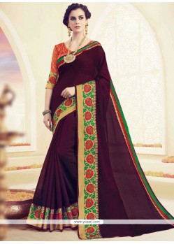 Fetching Wine Embroidered Work Polly Cotton Classic Saree