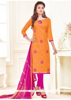 Jazzy Embroidered Work Orange Linen Churidar Suit