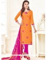 Jazzy Embroidered Work Orange Linen Churidar Suit