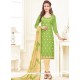 Vivid Embroidered Work Green Linen Churidar Suit