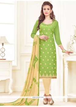 Vivid Embroidered Work Green Linen Churidar Suit