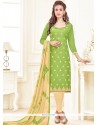 Vivid Embroidered Work Green Linen Churidar Suit