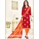 Fascinating Linen Red Embroidered Work Churidar Suit