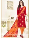 Fascinating Linen Red Embroidered Work Churidar Suit