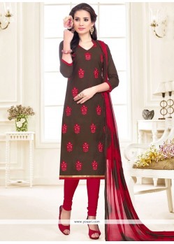 Capricious Embroidered Work Linen Brown Churidar Suit