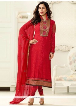 Baronial Faux Georgette Red Churidar Designer Suit