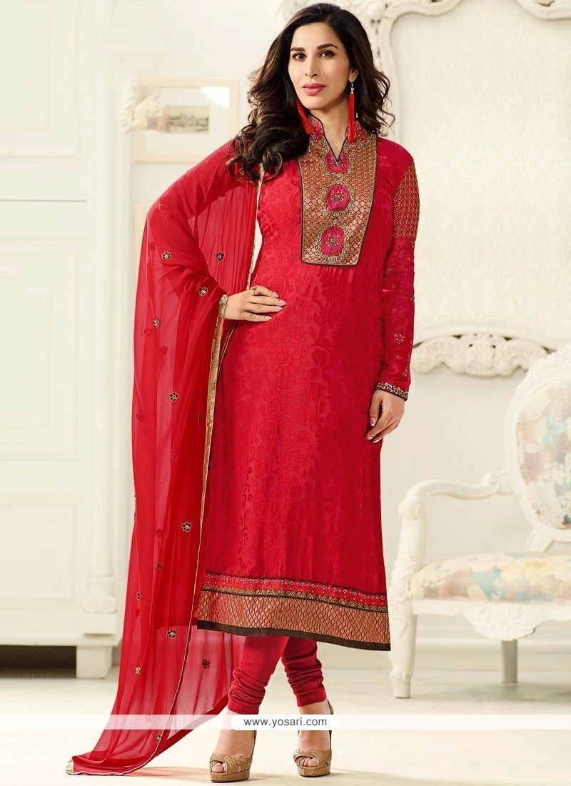 Buy Baronial Faux Georgette Red Churidar Designer Suit | Churidar ...