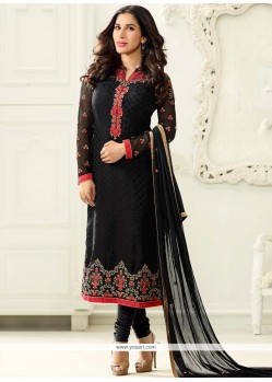 Tempting Faux Georgette Black Embroidered Work Churidar Designer Suit