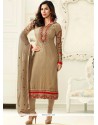 Stunning Beige Embroidered Work Faux Georgette Churidar Designer Suit