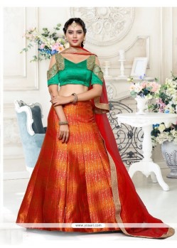 Prepossessing Green And Red Lace Work Lehenga Choli